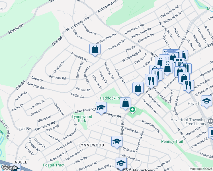 map of restaurants, bars, coffee shops, grocery stores, and more near 223 Colfax Road in Havertown