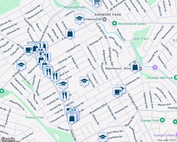 map of restaurants, bars, coffee shops, grocery stores, and more near 214 Edgehill Drive in Havertown