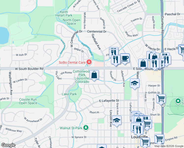 map of restaurants, bars, coffee shops, grocery stores, and more near 1607 Cottonwood Drive in Louisville