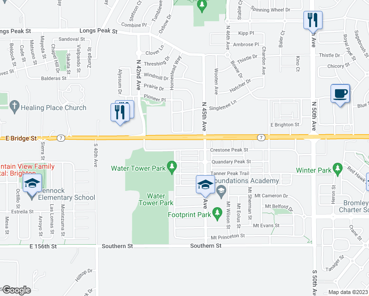 map of restaurants, bars, coffee shops, grocery stores, and more near 4355 Crestone Peak Street in Brighton