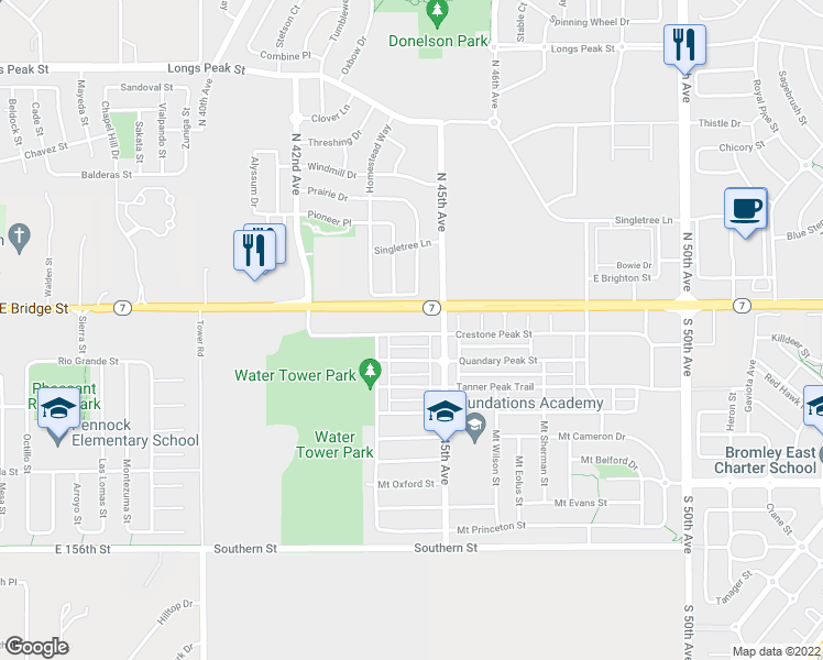 map of restaurants, bars, coffee shops, grocery stores, and more near 4443 Crestone Peak Street in Brighton
