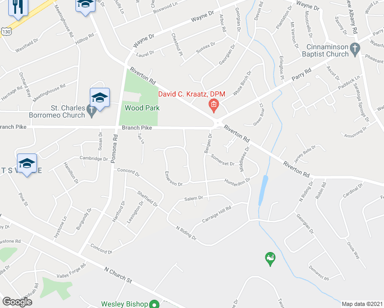 map of restaurants, bars, coffee shops, grocery stores, and more near 52 Emerson Drive in Cinnaminson