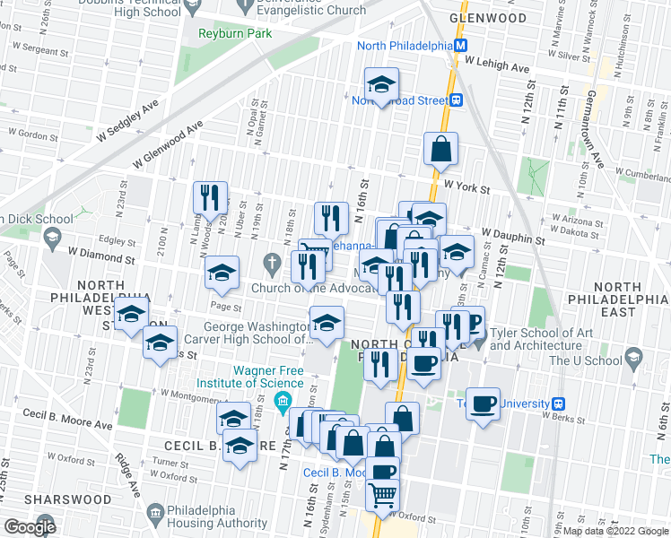 map of restaurants, bars, coffee shops, grocery stores, and more near 1624 French Street in Philadelphia
