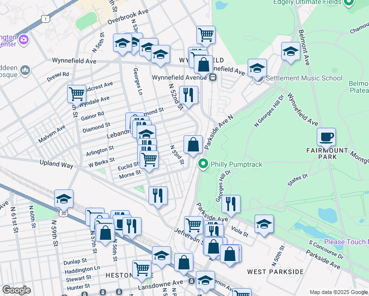 map of restaurants, bars, coffee shops, grocery stores, and more near 5213 Euclid Street in Philadelphia