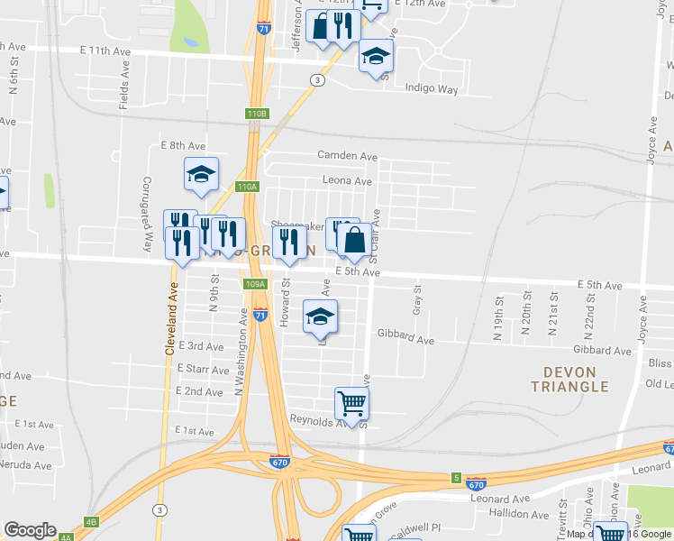 map of restaurants, bars, coffee shops, grocery stores, and more near 866 East 5th Avenue in Columbus