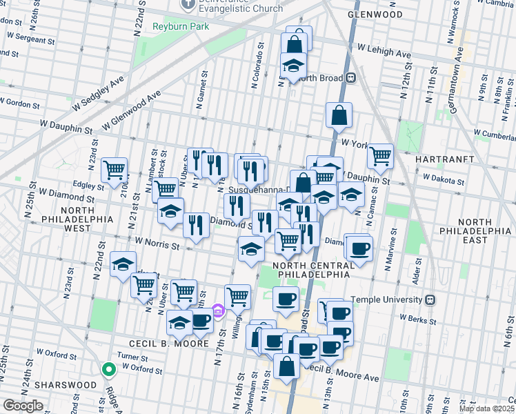 map of restaurants, bars, coffee shops, grocery stores, and more near 1624 French Street in Philadelphia