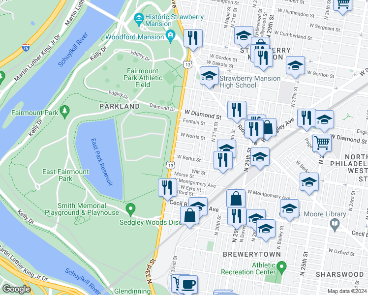 map of restaurants, bars, coffee shops, grocery stores, and more near 3223 Monument Street in Philadelphia