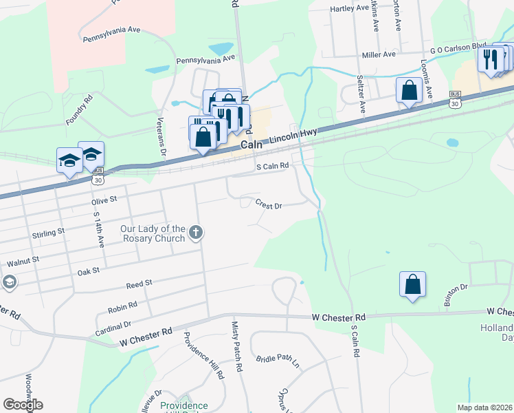 map of restaurants, bars, coffee shops, grocery stores, and more near 354 Andrew Road in Coatesville