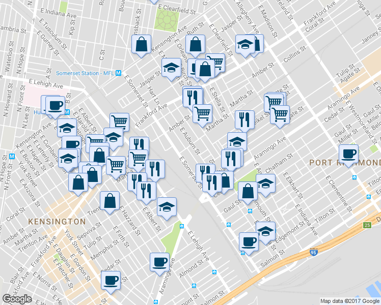 map of restaurants, bars, coffee shops, grocery stores, and more near 2223 East Rush Street in Philadelphia