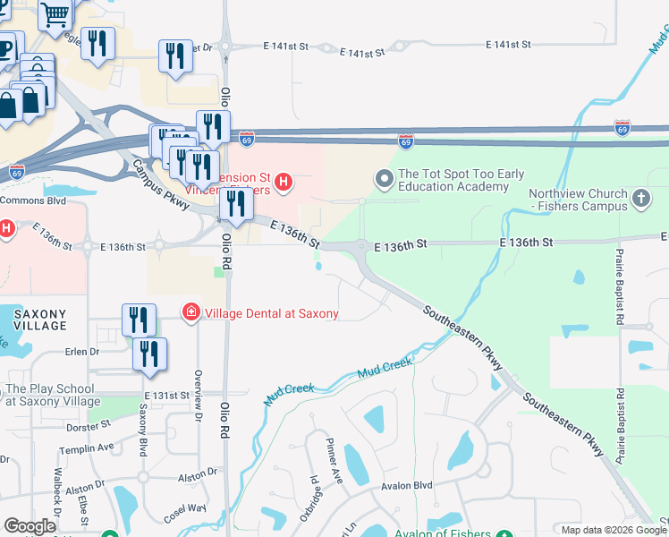 map of restaurants, bars, coffee shops, grocery stores, and more near 14302 Bay Willow Drive in Fishers