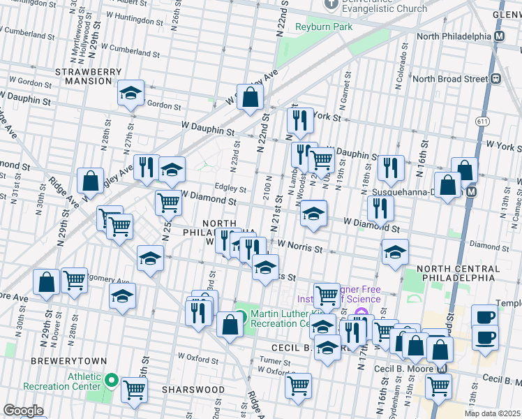 map of restaurants, bars, coffee shops, grocery stores, and more near 2118 West Diamond Street in Philadelphia