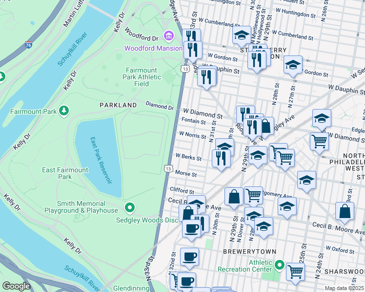 map of restaurants, bars, coffee shops, grocery stores, and more near 3223 Monument Street in Philadelphia