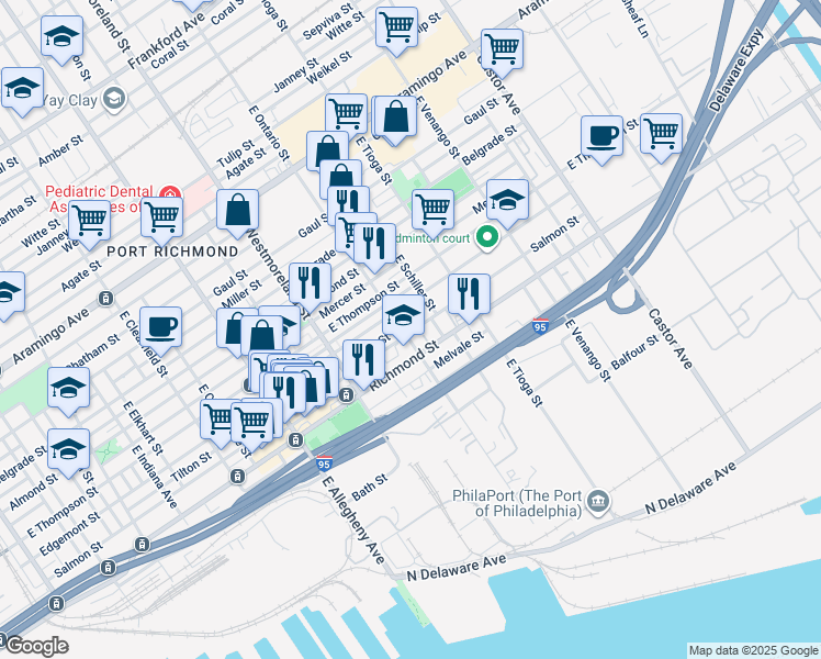 map of restaurants, bars, coffee shops, grocery stores, and more near 2725 East Ontario Street in Philadelphia