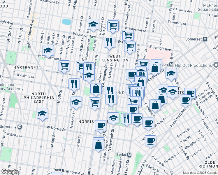 map of restaurants, bars, coffee shops, grocery stores, and more near 2302 North 2nd Street in Philadelphia