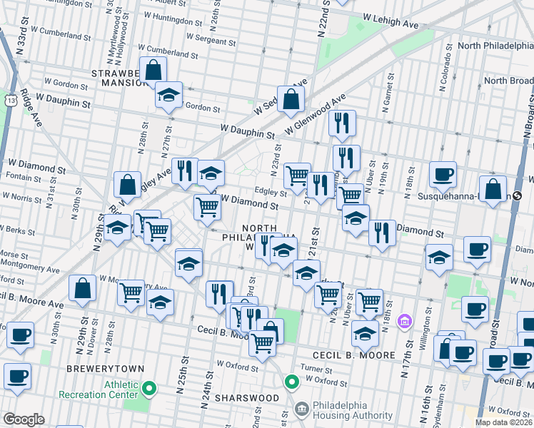 map of restaurants, bars, coffee shops, grocery stores, and more near 2228 Page Street in Philadelphia
