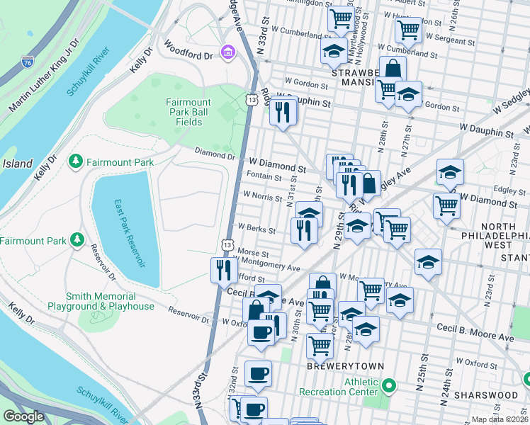 map of restaurants, bars, coffee shops, grocery stores, and more near 1903 North 32nd Street in Philadelphia