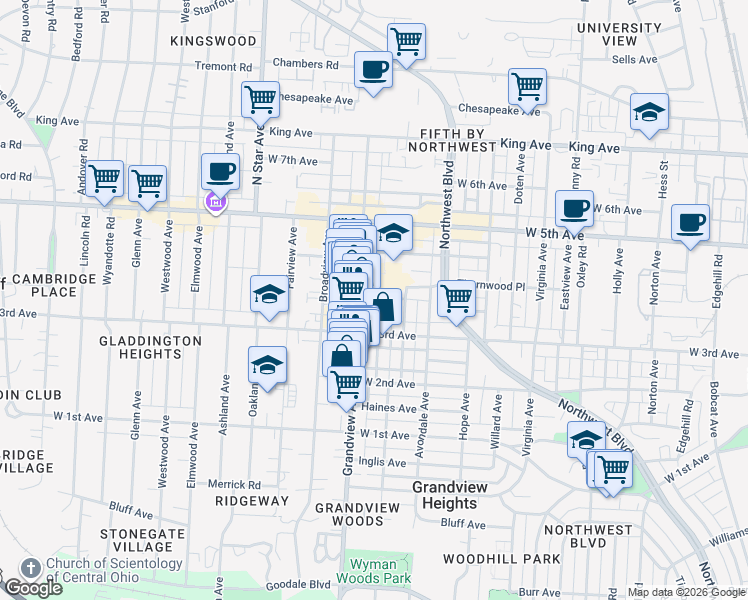 map of restaurants, bars, coffee shops, grocery stores, and more near 1354 Grandview Avenue in Columbus