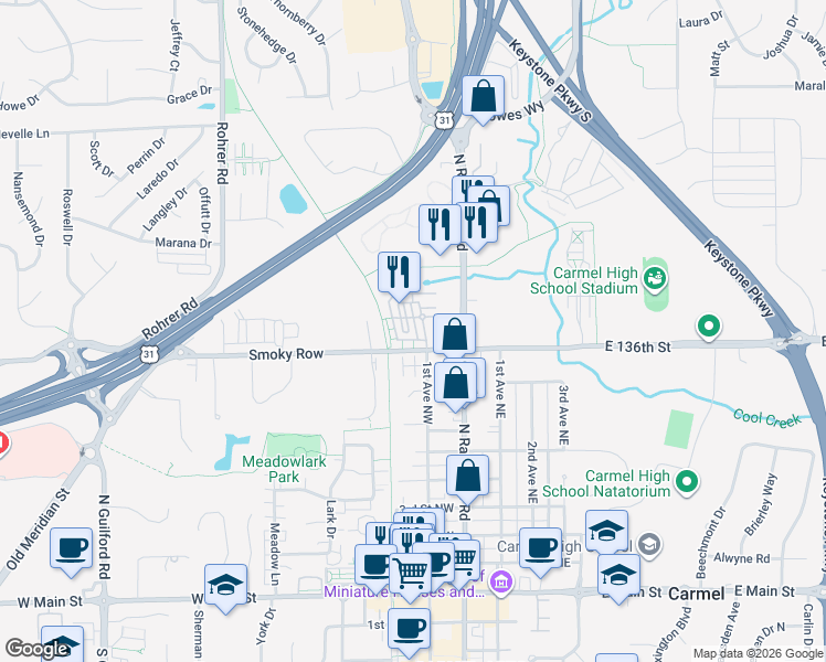 map of restaurants, bars, coffee shops, grocery stores, and more near 781 1st Avenue Northwest in Carmel