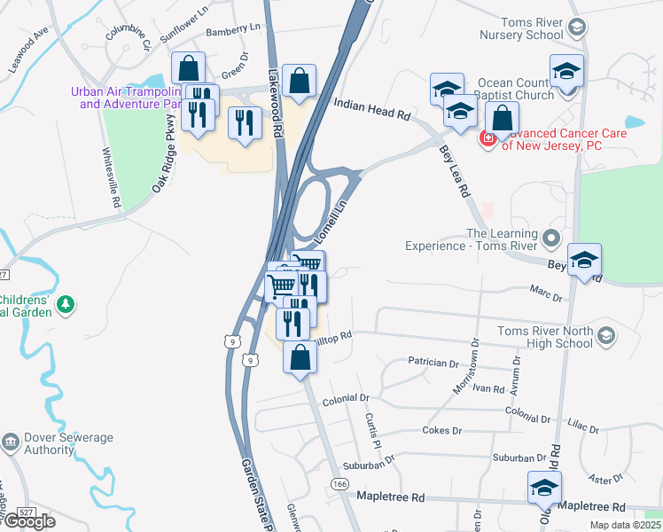 map of restaurants, bars, coffee shops, grocery stores, and more near 1255 New Jersey 166 in Toms River