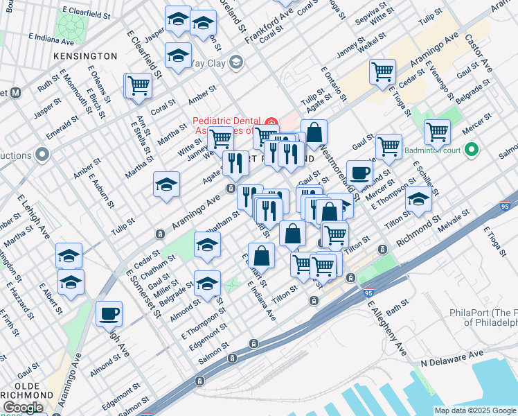 map of restaurants, bars, coffee shops, grocery stores, and more near 3112 Gaul Street in Philadelphia