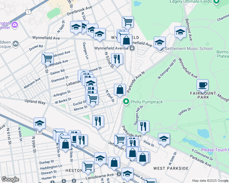 map of restaurants, bars, coffee shops, grocery stores, and more near 5213 Euclid Street in Philadelphia