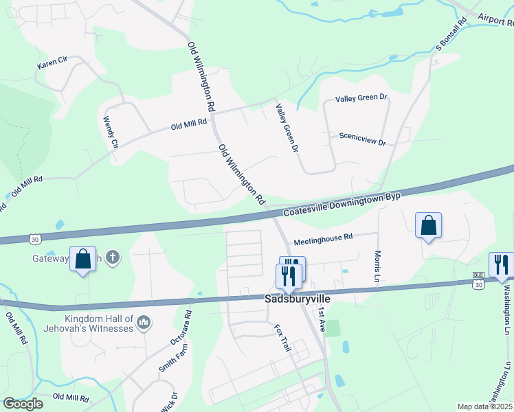 map of restaurants, bars, coffee shops, grocery stores, and more near 785 Old Wilmington Road in Coatesville