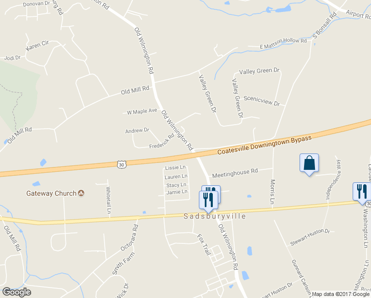 map of restaurants, bars, coffee shops, grocery stores, and more near 785 Old Wilmington Road in Coatesville