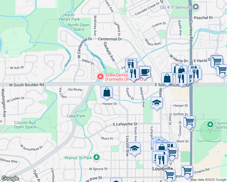 map of restaurants, bars, coffee shops, grocery stores, and more near 1611 Garfield Avenue in Louisville