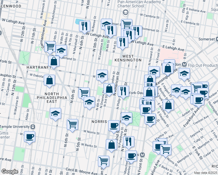 map of restaurants, bars, coffee shops, grocery stores, and more near 2200 West Dauphin Street in Philadelphia
