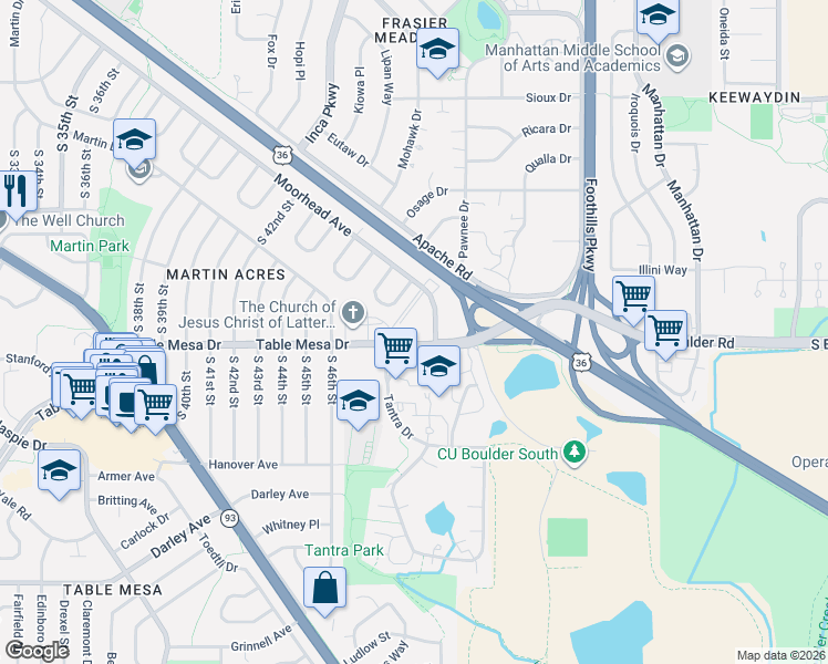 map of restaurants, bars, coffee shops, grocery stores, and more near 4742 Table Mesa Drive in Boulder