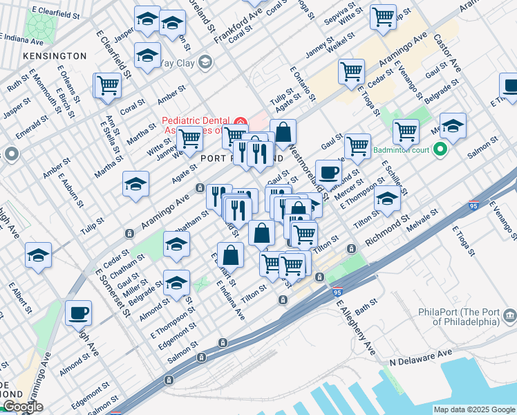 map of restaurants, bars, coffee shops, grocery stores, and more near 3171 Miller Street in Philadelphia