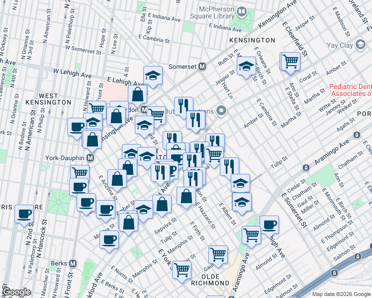 map of restaurants, bars, coffee shops, grocery stores, and more near 2635 Amber Street in Philadelphia