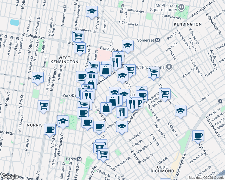 map of restaurants, bars, coffee shops, grocery stores, and more near 2444 Emerald Street in Philadelphia