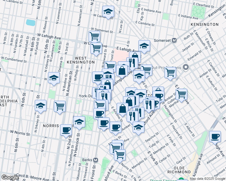 map of restaurants, bars, coffee shops, grocery stores, and more near 2421 Jasper Street in Philadelphia