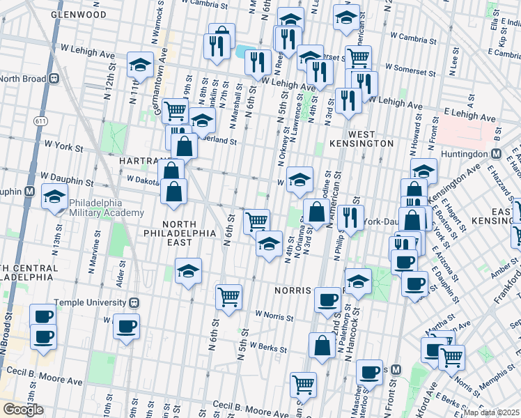 map of restaurants, bars, coffee shops, grocery stores, and more near 2238 North Reese Street in Philadelphia