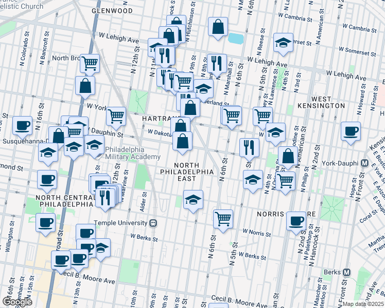 map of restaurants, bars, coffee shops, grocery stores, and more near 2230 North 8th Street in Philadelphia