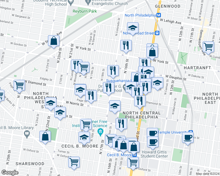 map of restaurants, bars, coffee shops, grocery stores, and more near 1717 Fr. P. Washington Avenue in Philadelphia