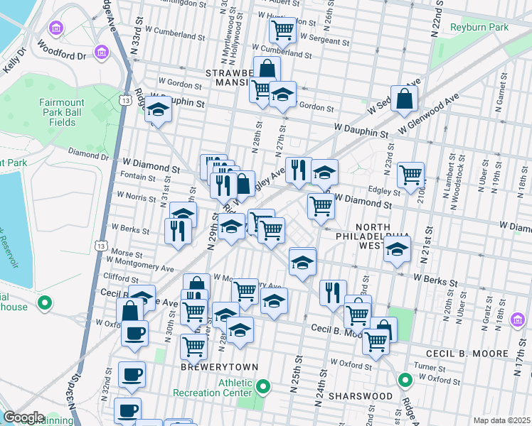 map of restaurants, bars, coffee shops, grocery stores, and more near 2677 West Glenwood Avenue in Philadelphia