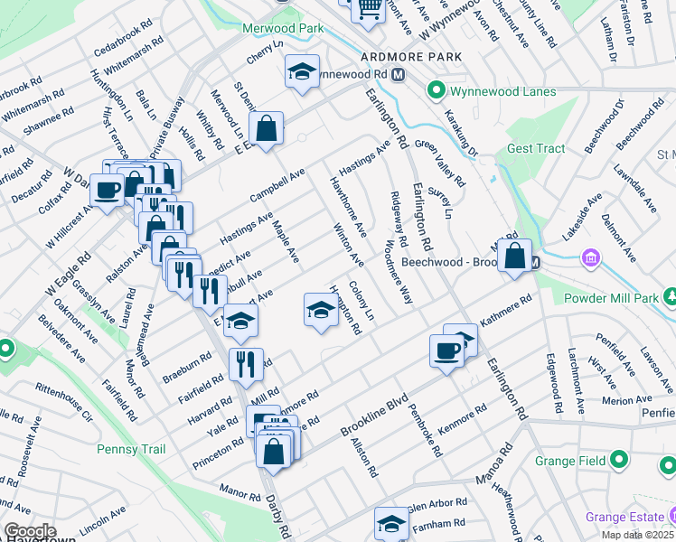 map of restaurants, bars, coffee shops, grocery stores, and more near 214 Edgehill Drive in Havertown