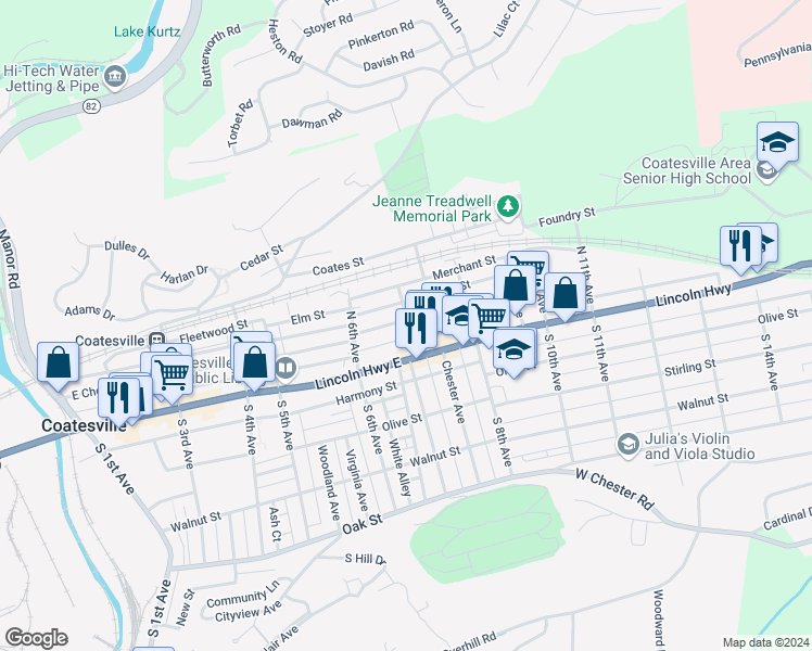 map of restaurants, bars, coffee shops, grocery stores, and more near 643 Lincoln Highway East in Coatesville