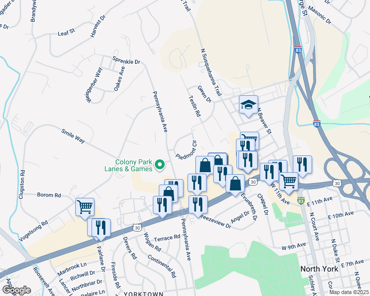 map of restaurants, bars, coffee shops, grocery stores, and more near 495 Piedmont Circle in York
