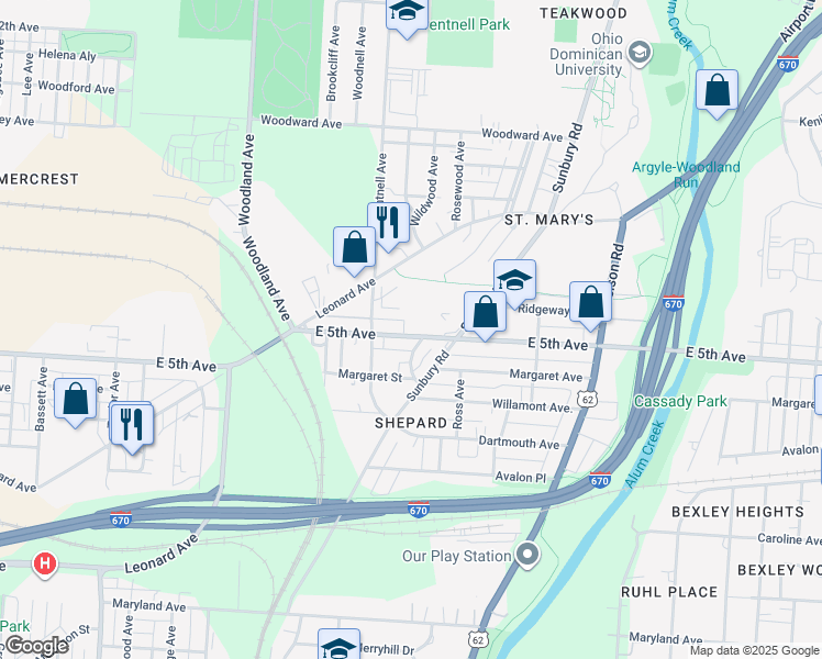map of restaurants, bars, coffee shops, grocery stores, and more near in Columbus