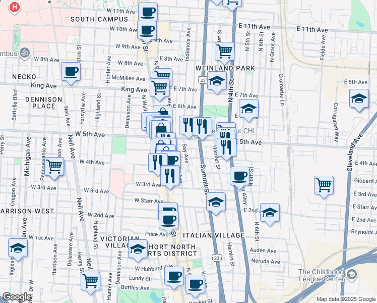map of restaurants, bars, coffee shops, grocery stores, and more near 93 East 4th Avenue in Columbus