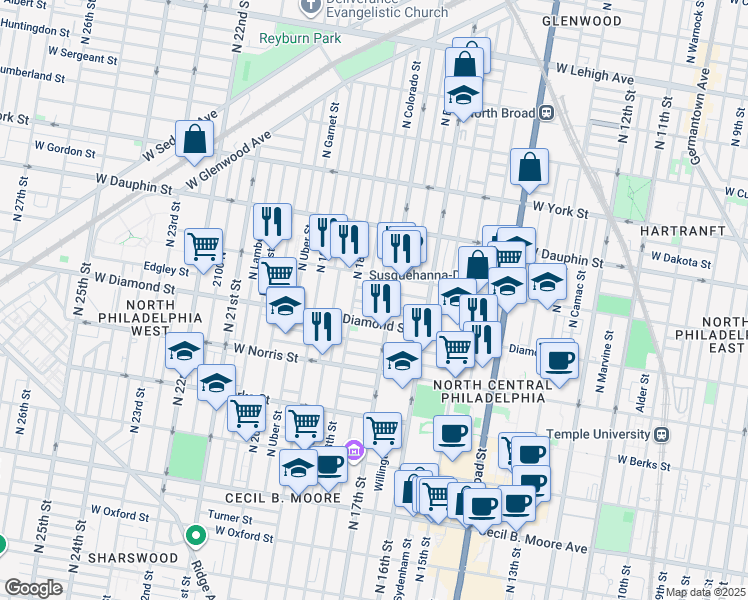 map of restaurants, bars, coffee shops, grocery stores, and more near 1723 Edgley Street in Philadelphia