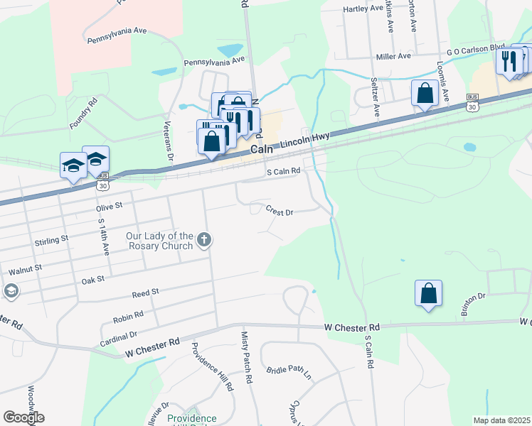 map of restaurants, bars, coffee shops, grocery stores, and more near 354 Andrew Road in Coatesville