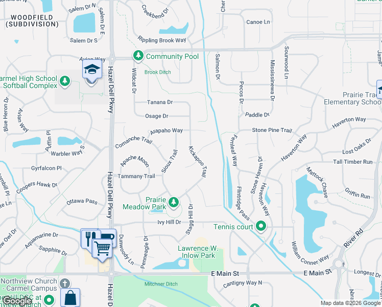 map of restaurants, bars, coffee shops, grocery stores, and more near 13344 Kickapoo Trail in Carmel