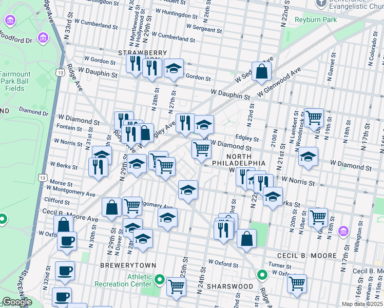map of restaurants, bars, coffee shops, grocery stores, and more near 2539 Page Street in Philadelphia