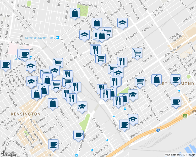 map of restaurants, bars, coffee shops, grocery stores, and more near 2216 East Auburn Street in Philadelphia