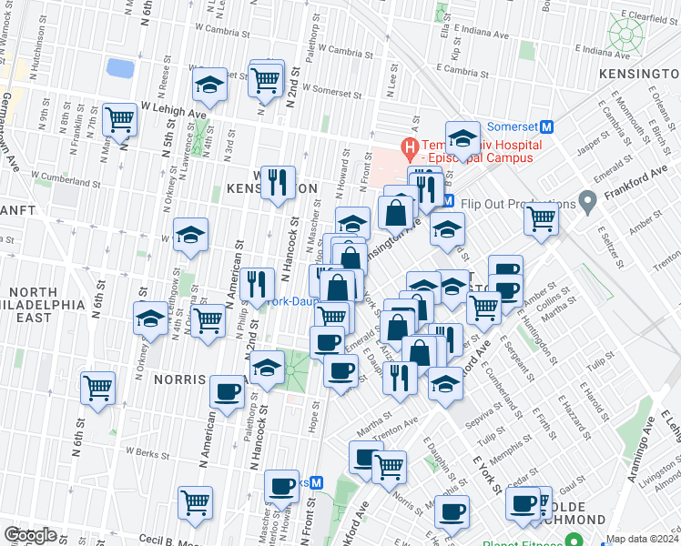 map of restaurants, bars, coffee shops, grocery stores, and more near 2361 Hope Street in Philadelphia