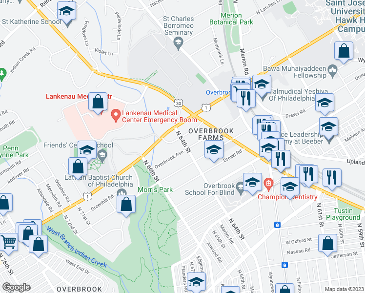 map of restaurants, bars, coffee shops, grocery stores, and more near 6401 Overbrook Avenue in Philadelphia